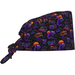 Purple Neon DJ Dinosaur Print Scrub Caps Women Men, Nurse Cap Surgical Caps Scrub Hats for Women Men, Adjustable Working Cap with Sweatband in Kuwait