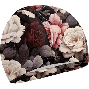 Swim Cap Fabric Durable High Elasticity Breathable Comfortable Cloth Swim Hat Bathing Cap for Men Women Girls Cute-Rose in Kuwait