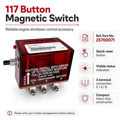 117 مفتاح مغناطيسي بزر ضغط لإيقاف تشغيل المحرك FW Murphy 25700071 | تناسب لوحات FW Murphy Swichgage؛ يستبدل المفتاح 117 25700071 للديزل البحري والمولدات وإيقاف تشغيل التقطيع. in Kuwait