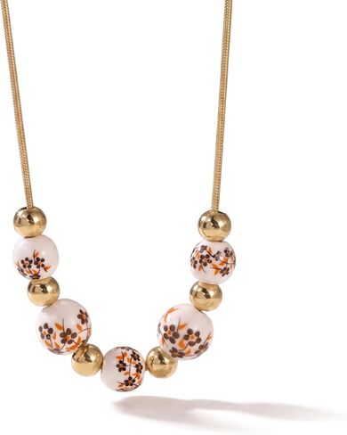 Blue And White Necklace For Women, 14k Gold-Plated Chain And Ceramic Beads Blue Floral Pattern Vintage Chinese Minimalism Style Jewelry Gift in Saudi Arabia