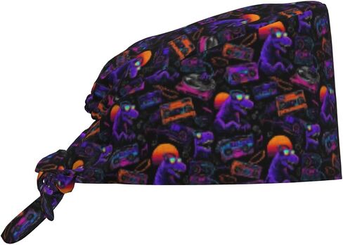 Purple Neon DJ Dinosaur Print Scrub Caps Women Men, Nurse Cap Surgical Caps Scrub Hats for Women Men, Adjustable Working Cap with Sweatband in Kuwait