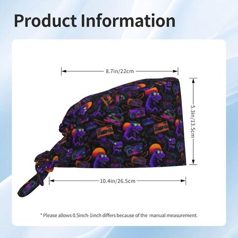 Purple Neon DJ Dinosaur Print Scrub Caps Women Men, Nurse Cap Surgical Caps Scrub Hats for Women Men, Adjustable Working Cap with Sweatband in Kuwait