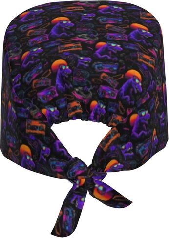 Purple Neon DJ Dinosaur Print Scrub Caps Women Men, Nurse Cap Surgical Caps Scrub Hats for Women Men, Adjustable Working Cap with Sweatband in Kuwait