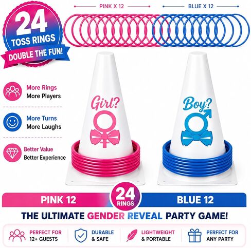 Gender Reveal Games for Party, Ring Toss Game with 24 Toss Rings, 2 Cones & 2 Gender Stickers, Fun Baby Shower Games for Guests, Indoor Outdoor Family Activities by Felicity in Kuwait