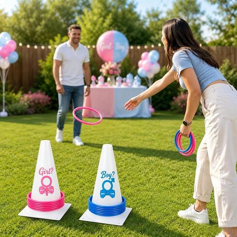 Gender Reveal Games for Party, Ring Toss Game with 24 Toss Rings, 2 Cones & 2 Gender Stickers, Fun Baby Shower Games for Guests, Indoor Outdoor Family Activities by Felicity in Kuwait