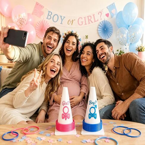 Gender Reveal Games for Party, Ring Toss Game with 24 Toss Rings, 2 Cones & 2 Gender Stickers, Fun Baby Shower Games for Guests, Indoor Outdoor Family Activities by Felicity in Kuwait