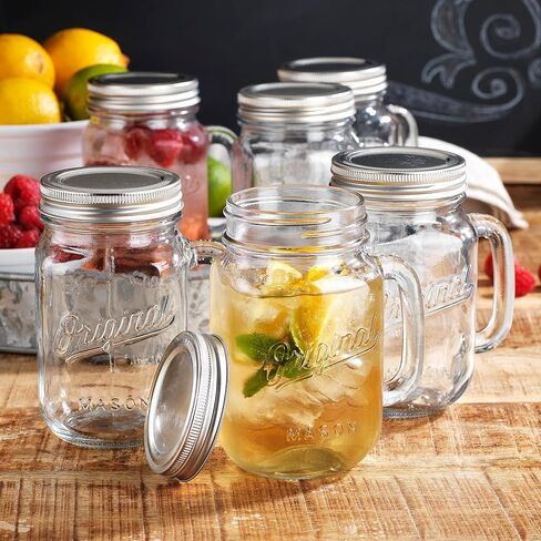 Glaver's Mason Jar 16 Oz. Glass Mugs with Handle and Lid Set Of 4 - Home Essentials & Beyond - Old Fashioned Drinking Glass Bottles Original Mason Jar Pint Sized Cup Set. in Kuwait