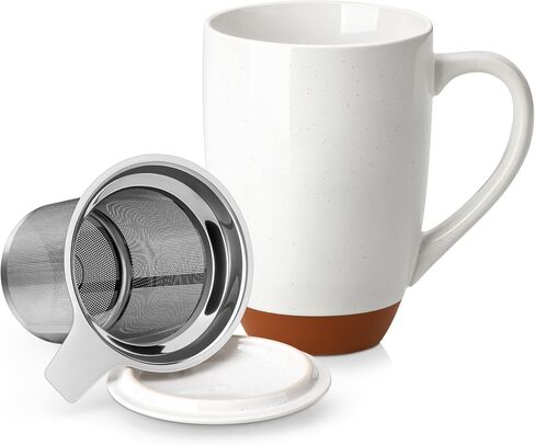 MALACASA Ceramic Tea Mug with Lid and Stainless Steel Infuser, 18 oz Large Tea Cup for Loose Leaf Tea, Heat-Resistant, Microwave & Dishwasher Safe, Speckled Glaze Coffee & Tea Brewer Mug, Khaki White in Kuwait