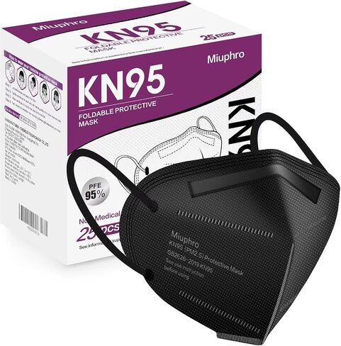 Miuphro KN95 قناع الوجه القابل للتصرف 25 حزمة 5 أقنعة أمان قابلة للتنفس ضد PM2.5، قناع حماية جهاز التنفس القابل للتصرف للرجال والنساء باللون الأسود in Kuwait