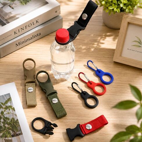 Hanging Bottle Buckle Clip 7 Pcs Portable Mineral Water Bottle Hook Keychain Hanging Bottles Buckles Clip with Key Ring Nylon Webbing Strap Clips for Hiking Camping Cycling Travel Outdoor Gear in Kuwait