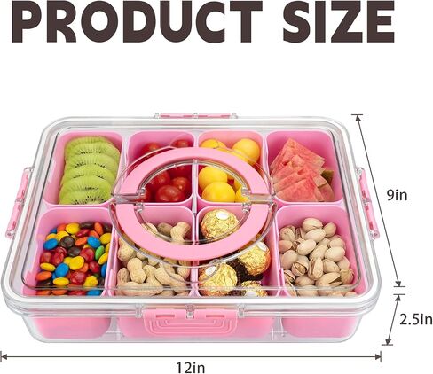 Divided Serving Tray with Lid and Handle, 8 Compartments Snack Box, Portable Platter for Candy Fruits Nuts, Snack Party Entertaining Picnic in Kuwait