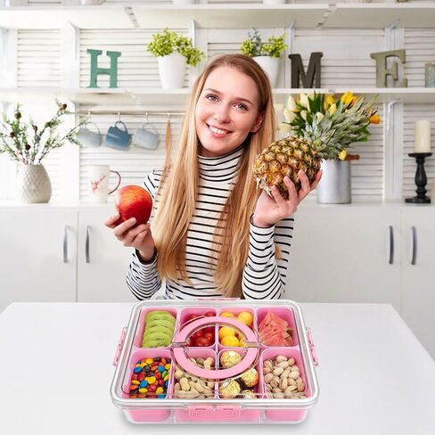 Divided Serving Tray with Lid and Handle, 8 Compartments Snack Box, Portable Platter for Candy Fruits Nuts, Snack Party Entertaining Picnic in Kuwait