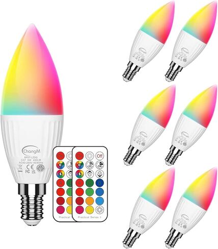 مصابيح شمعدان E12 LED 5 وات، مجموعة من 6 مصابيح شموع متغيرة الألوان، قاعدة صغيرة B11 40 وات مكافئة، 560 لومن، RGB + 2700K أبيض دافئ، 12 لونًا، وضعين، مؤقت، جهاز تحكم عن بعد in Kuwait