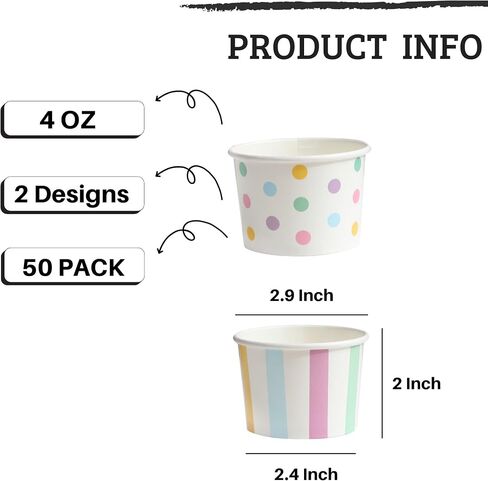 أكواب آيس كريم صغيرة من Winoo Design يمكن التخلص منها - 50 قطعة - أكواب آيس كريم ورقية سعة 4 أونصة أوعية صغيرة لأكواب الحلوى (تصميمان متنوعان سعة 4 أونصة) in Kuwait