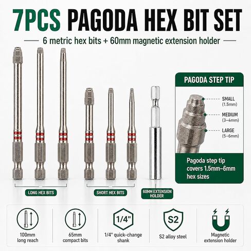 Pagoda Shaped Hex Head Allen Wrench Drill Bit Set, 7PCS Magnetic Bit Holder Allen Key Screwdriver Impact Driver Bit Set, S2 Alloy Steel, 1/4" Quick Change Shank, Furniture Assembly DIY in Kuwait