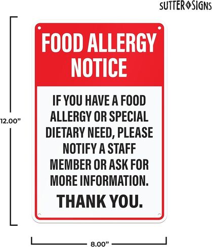 Food Allergy Notice Sign for Restaurants, Food Trucks, Cafes, Aluminum Safety Notice Sign, 12" x 8" in Kuwait