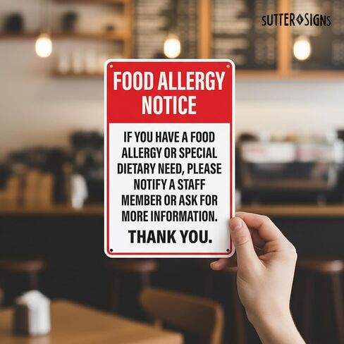 Food Allergy Notice Sign for Restaurants, Food Trucks, Cafes, Aluminum Safety Notice Sign, 12" x 8" in Kuwait