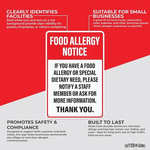 Food Allergy Notice Sign for Restaurants, Food Trucks, Cafes, Aluminum Safety Notice Sign, 12" x 8" in Kuwait