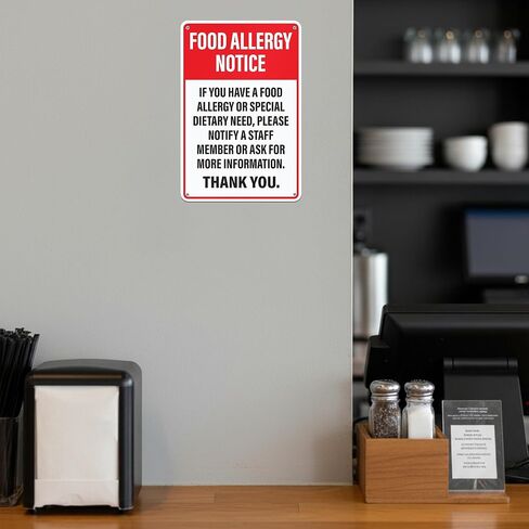 Food Allergy Notice Sign for Restaurants, Food Trucks, Cafes, Aluminum Safety Notice Sign, 12" x 8" in Kuwait