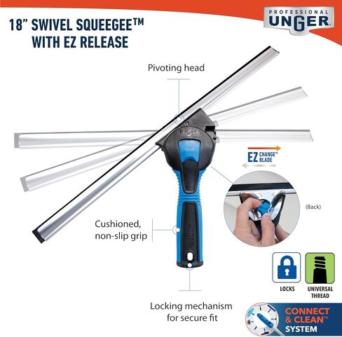غسالة تنظيف النوافذ Unger Professional Connect & Clean مقاس 18 بوصة لتنظيف الزجاج وممسحة تنظيف النوافذ والزجاج مقاس 18 بوصة مع تغيير EZ، ورأس دوار للزوايا والحواف in Kuwait