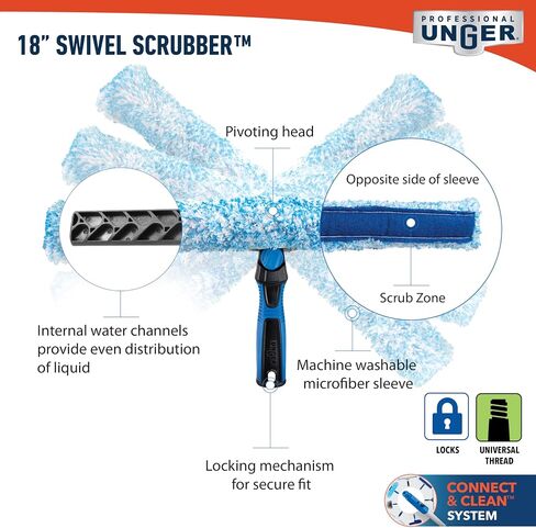 غسالة تنظيف النوافذ Unger Professional Connect & Clean مقاس 18 بوصة لتنظيف الزجاج وممسحة تنظيف النوافذ والزجاج مقاس 18 بوصة مع تغيير EZ، ورأس دوار للزوايا والحواف in Kuwait
