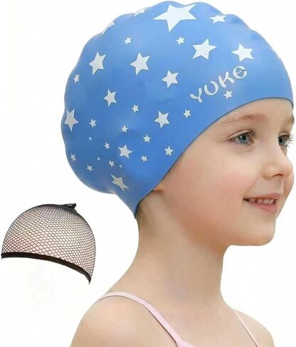 Kids Waterproof Thick Swimming Cap with Hair Net, Long Hair Friendly Anti Slip No Hair Pulling Swim Cap for Children Age 3-12 in Kuwait