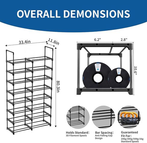 8-Tier 2-Column Modular 3D Printer Filament Storage Rack, 33.4" x 11.8" Metal Filament Spool Holder & Organizer, Holds 96 Spools(1kg), for Home Office Workshop, Tool-Free Assembly in Kuwait