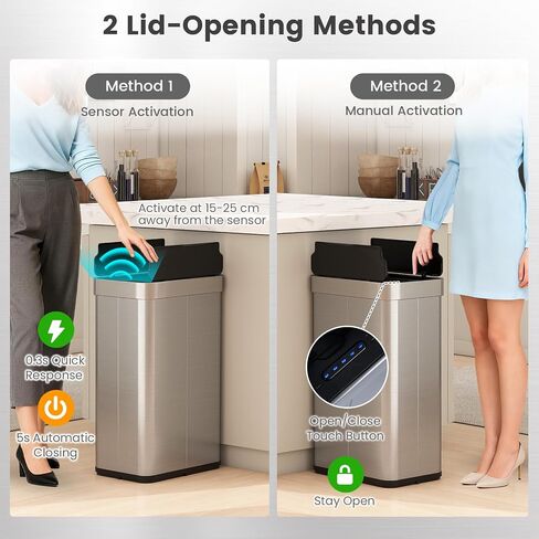 Goplus 16 Gallon Kitchen Trash Can, Stainless Steel Motion Sensor Garbage Can with Butterfly Lids, Slim Automatic Touchless Trash Bin for Kitchen Bedroom Stay Open, Soft Close, Sliver in Kuwait