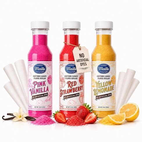 Dye Free Cotton Candy Sugar Floss 3 x10 oz Bottles w/ 50 Cotton Candy Cones | No Artificial Dyes | Pink Vanilla, Red Strawberry, Yellow Lemonade | Floss Sugar for Home/ Commercial Machine | Carnival Food in Kuwait