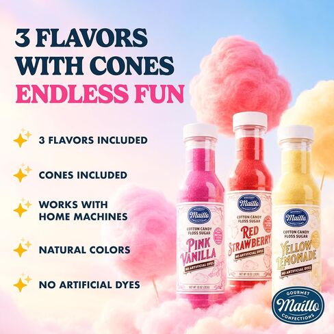 Dye Free Cotton Candy Sugar Floss 3 x10 oz Bottles w/ 50 Cotton Candy Cones | No Artificial Dyes | Pink Vanilla, Red Strawberry, Yellow Lemonade | Floss Sugar for Home/ Commercial Machine | Carnival Food in Kuwait