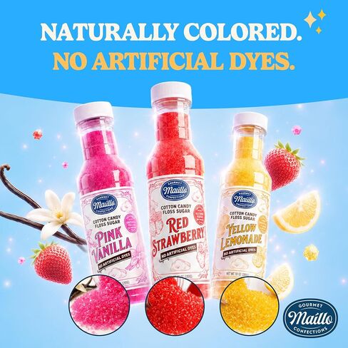Dye Free Cotton Candy Sugar Floss 3 x10 oz Bottles w/ 50 Cotton Candy Cones | No Artificial Dyes | Pink Vanilla, Red Strawberry, Yellow Lemonade | Floss Sugar for Home/ Commercial Machine | Carnival Food in Kuwait
