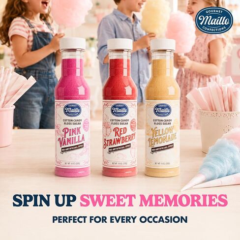 Dye Free Cotton Candy Sugar Floss 3 x10 oz Bottles w/ 50 Cotton Candy Cones | No Artificial Dyes | Pink Vanilla, Red Strawberry, Yellow Lemonade | Floss Sugar for Home/ Commercial Machine | Carnival Food in Kuwait