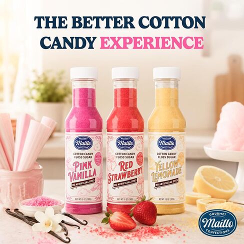 Dye Free Cotton Candy Sugar Floss 3 x10 oz Bottles w/ 50 Cotton Candy Cones | No Artificial Dyes | Pink Vanilla, Red Strawberry, Yellow Lemonade | Floss Sugar for Home/ Commercial Machine | Carnival Food in Kuwait