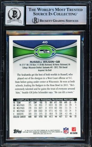 راسل ويلسون موقعة 2012 Topps Chrome Rookie Card #40A Seahawks Auto Grade Gem Mint 10 Beckett BAS Stock #220151 in Kuwait