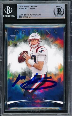 بطاقة Mac Jones الموقعة لعام 2021 Origins Rookie Card رقم 105 Patriots Beckett BAS Stock رقم 220338 in Kuwait