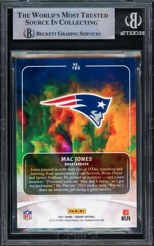 بطاقة Mac Jones الموقعة لعام 2021 Origins Rookie Card رقم 105 Patriots Beckett BAS Stock رقم 220338 in Kuwait
