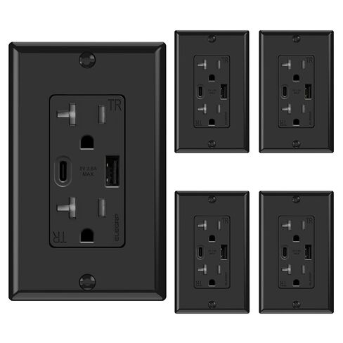 ELEGRP USB Wall Outlets, 20 Amp USB C Wall Outlets Receptacles, Outlets with USB A and USB C Ports, Tamper Resistant Receptacle, Wall Plate Included, UL Listed, 5 Pack, White in Kuwait
