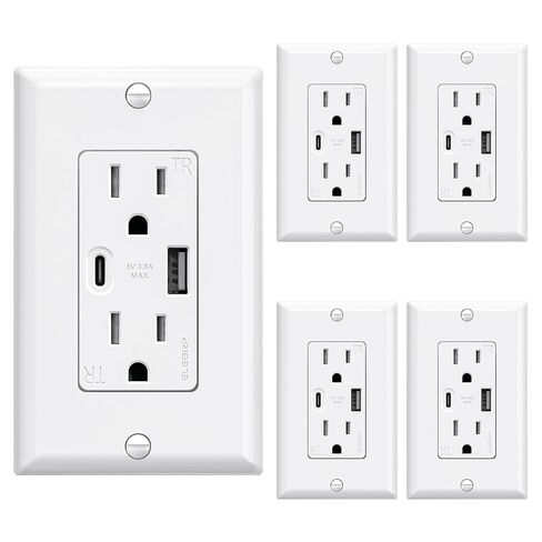 ELEGRP USB Wall Outlets, 20 Amp USB C Wall Outlets Receptacles, Outlets with USB A and USB C Ports, Tamper Resistant Receptacle, Wall Plate Included, UL Listed, 5 Pack, White in Kuwait