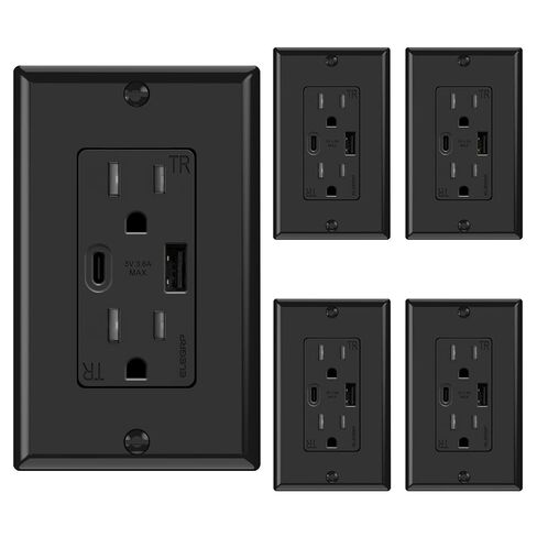 ELEGRP USB Wall Outlets, 20 Amp USB C Wall Outlets Receptacles, Outlets with USB A and USB C Ports, Tamper Resistant Receptacle, Wall Plate Included, UL Listed, 5 Pack, White in Kuwait