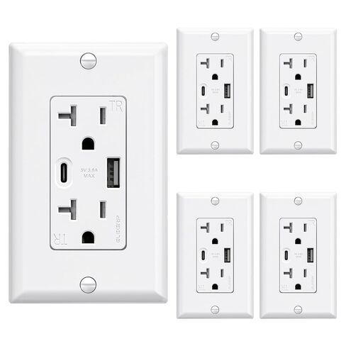 ELEGRP USB Wall Outlets, 20 Amp USB C Wall Outlets Receptacles, Outlets with USB A and USB C Ports, Tamper Resistant Receptacle, Wall Plate Included, UL Listed, 5 Pack, White in Kuwait
