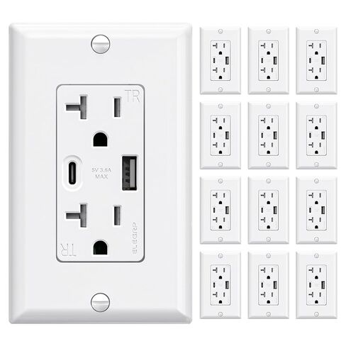 ELEGRP USB Wall Outlets, 20 Amp USB C Wall Outlets Receptacles, Outlets with USB A and USB C Ports, Tamper Resistant Receptacle, Wall Plate Included, UL Listed, 5 Pack, White in Kuwait