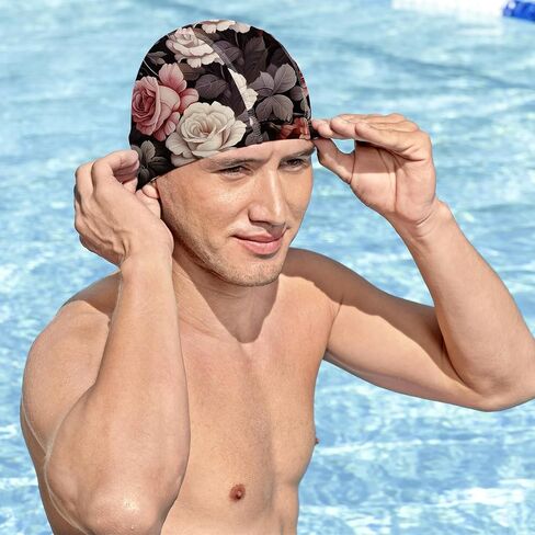 Swim Cap Fabric Durable High Elasticity Breathable Comfortable Cloth Swim Hat Bathing Cap for Men Women Girls Cute-Rose in Kuwait