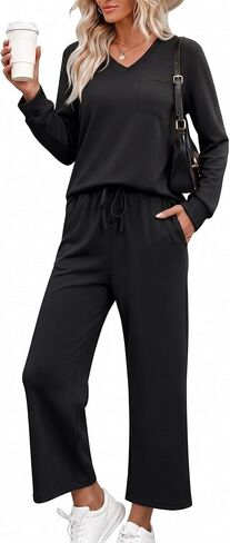 Women's 2 Piece Casual Lounge Sets Fall Travel Outfits V Neck Side Slit Tracksuit Wide Leg Loungewear Sweatsuit in Saudi Arabia