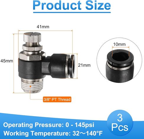 HARFINGTON 3pcs Air Flow Control Valve 10mm Tube OD x 3/8" PT Thread Push to Connect Fitting Air Line Fitting Elbow 90 Degree Speed Control Valve Adapter Fitting in Kuwait