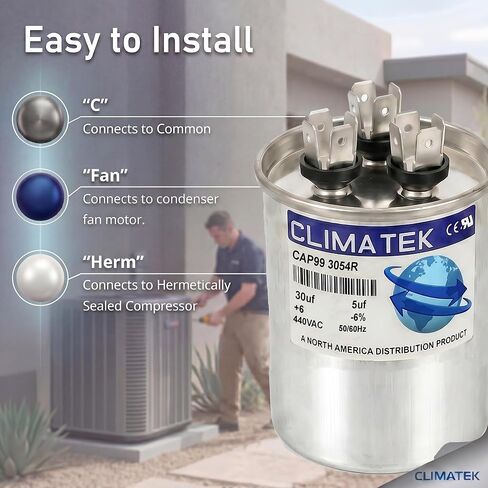 مكثف دائري ClimaTek يحل محل Ruud # 43-101665-60 | 30/5 فائق التوهج MFD، 370/440 فولت تيار متردد، تشغيل مزدوج in Kuwait