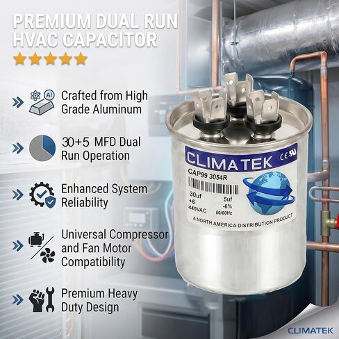 مكثف دائري ClimaTek يحل محل Ruud # 43-101665-60 | 30/5 فائق التوهج MFD، 370/440 فولت تيار متردد، تشغيل مزدوج in Kuwait