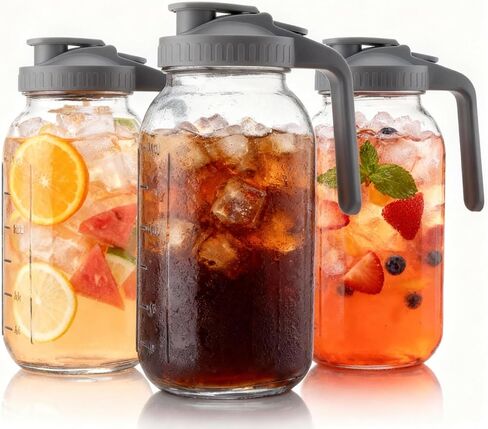 3 عبوات من إبريق زجاجي بغطاء سعة 64oz، إبريق ماء على شكل برطمان ماسون للثلاجة، إبريق زجاجي واسع الفم رائع للمشروبات الباردة والقهوة المثلجة والعصير والشاي (3 أسود) in Kuwait