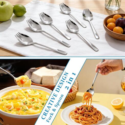 Ninsula Spork 6 Pack, Food Grade Sporks Stainless Steel 6 Inch Long 2 In 1 Spoon and Fork, Metal Spork for Dessert, Ice Cream, Salad, Soup, Noodle, Fruit (Silver) in Kuwait