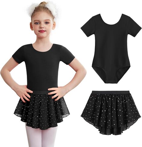Zaclotre Girls Ballet Leotards with Skirt Combo Toddler Dance Dress Oufits | Girls Dancewear Sets, Classic Short Sleeve Ballerina Outfit, Removable Shiny High Low Dance Skirts, Soft, Comfortable in Kuwait
