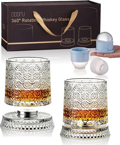 نظارات ويسكي قديمة الطراز من CEEFU مع قاعدة دوارة 360 درجة، مجموعة من 2 (مجموعة نظارات كريستال، 2 قالب كرة ثلج كبير) في صندوق هدايا - بوربون، كوكتيل، صخور، أفكار هدايا عيد الميلاد للرجال، نمط الأحجار الكريمة in Kuwait